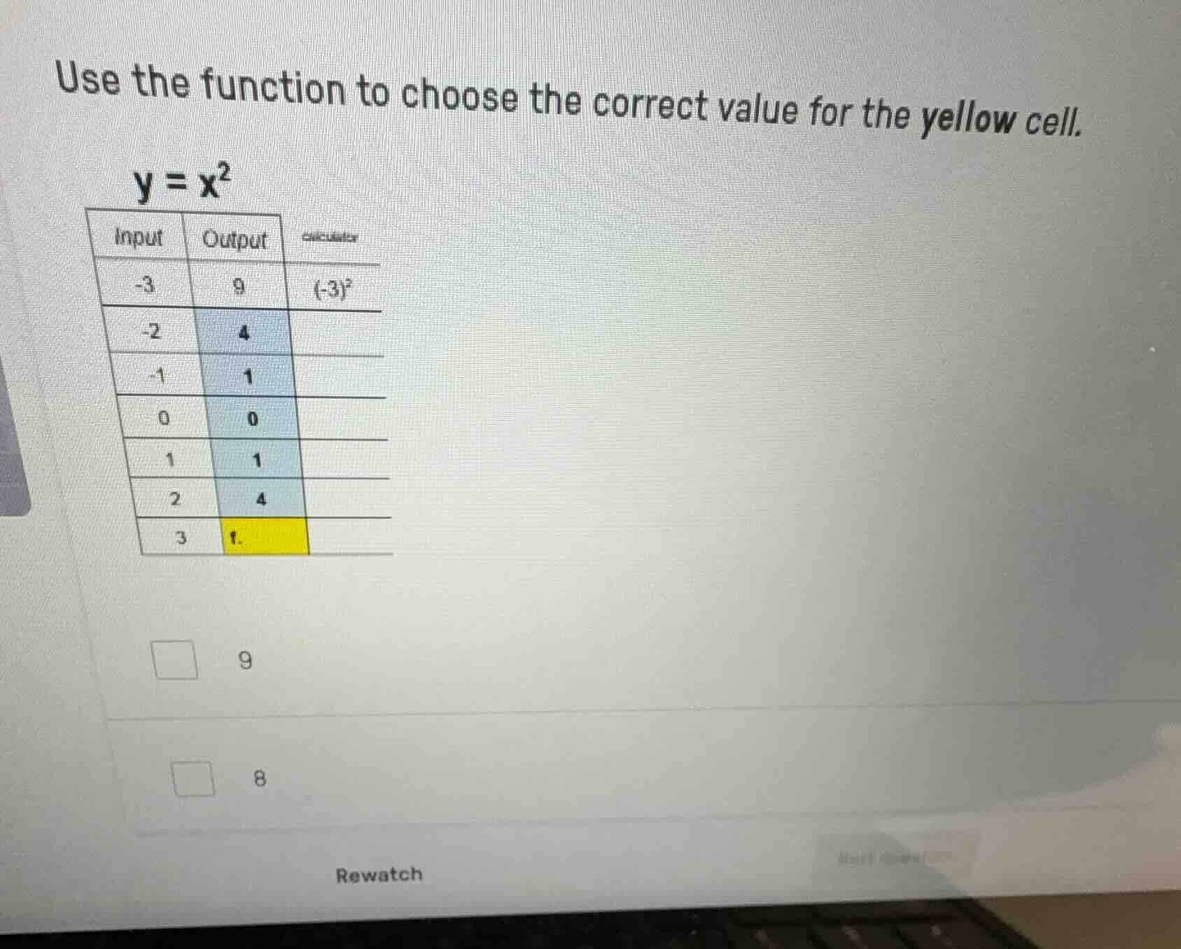 use the function to choose the correct value for the yellow cell.\\( y …