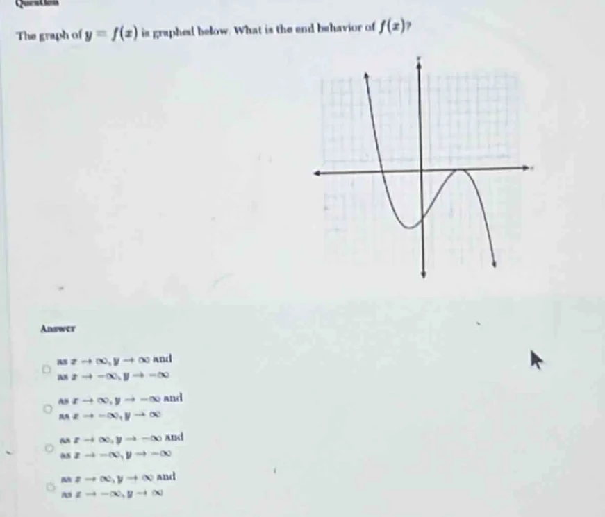 the graph of ( y = f(x) ) is graphed below. what is the end behavior of…