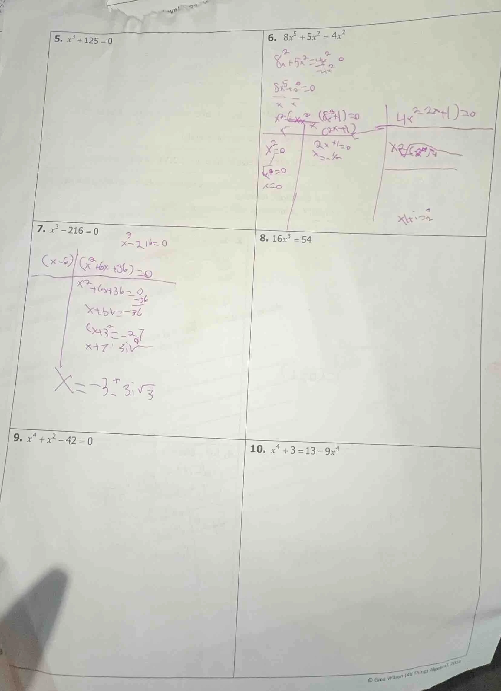5. $x^3 + 125 = 0$ 6. $8x^5 + 5x^2 = 4x^2$ 7. $x^3 - 216 = 0$ 8. $16x^3…