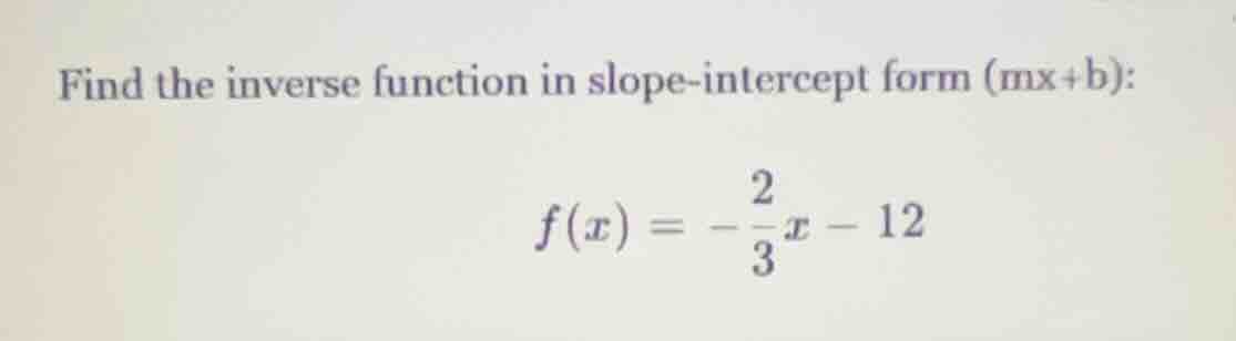 find the inverse function in slope-intercept form (mx+b): $f(x) = -dfra…