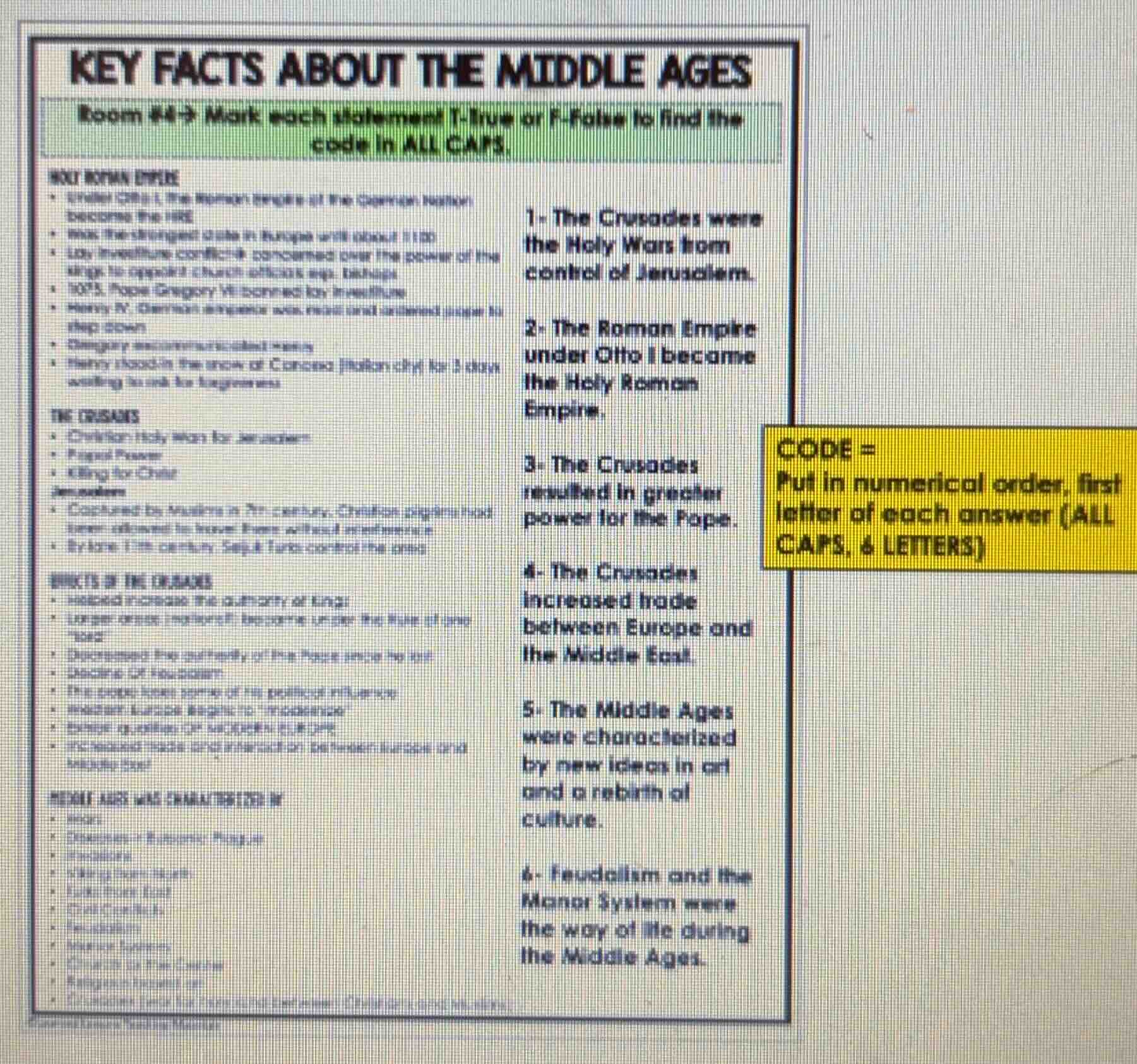 key facts about the middle ages room #4→ mark each statement t-true or …