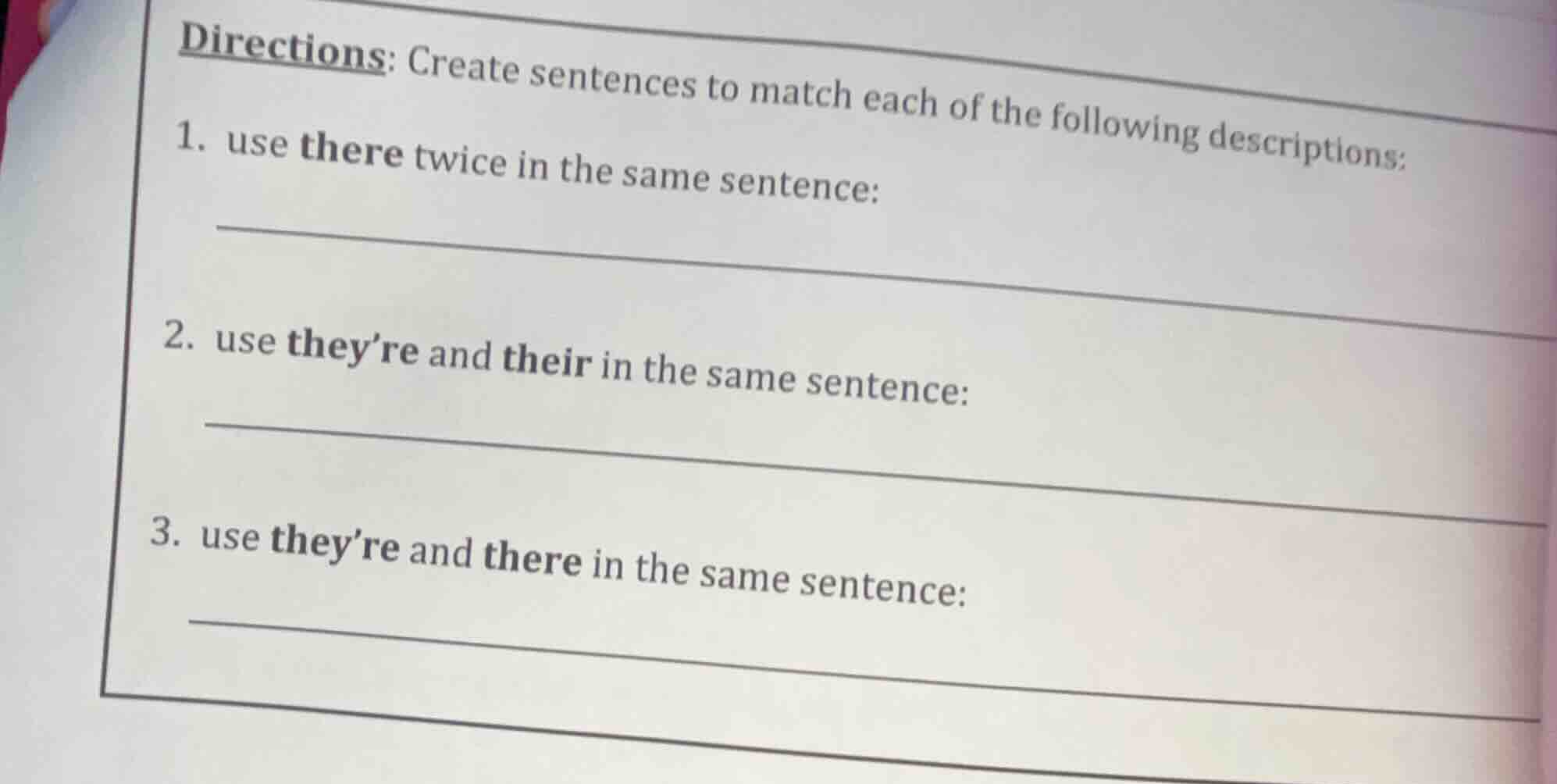 directions: create sentences to match each of the following description…