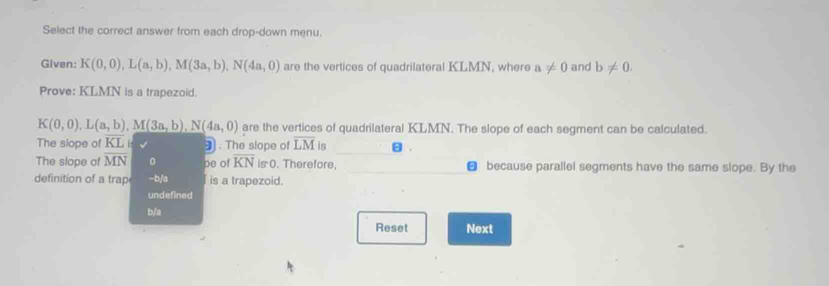 select the correct answer from each drop - down menu. given: ( k(0,0) )…