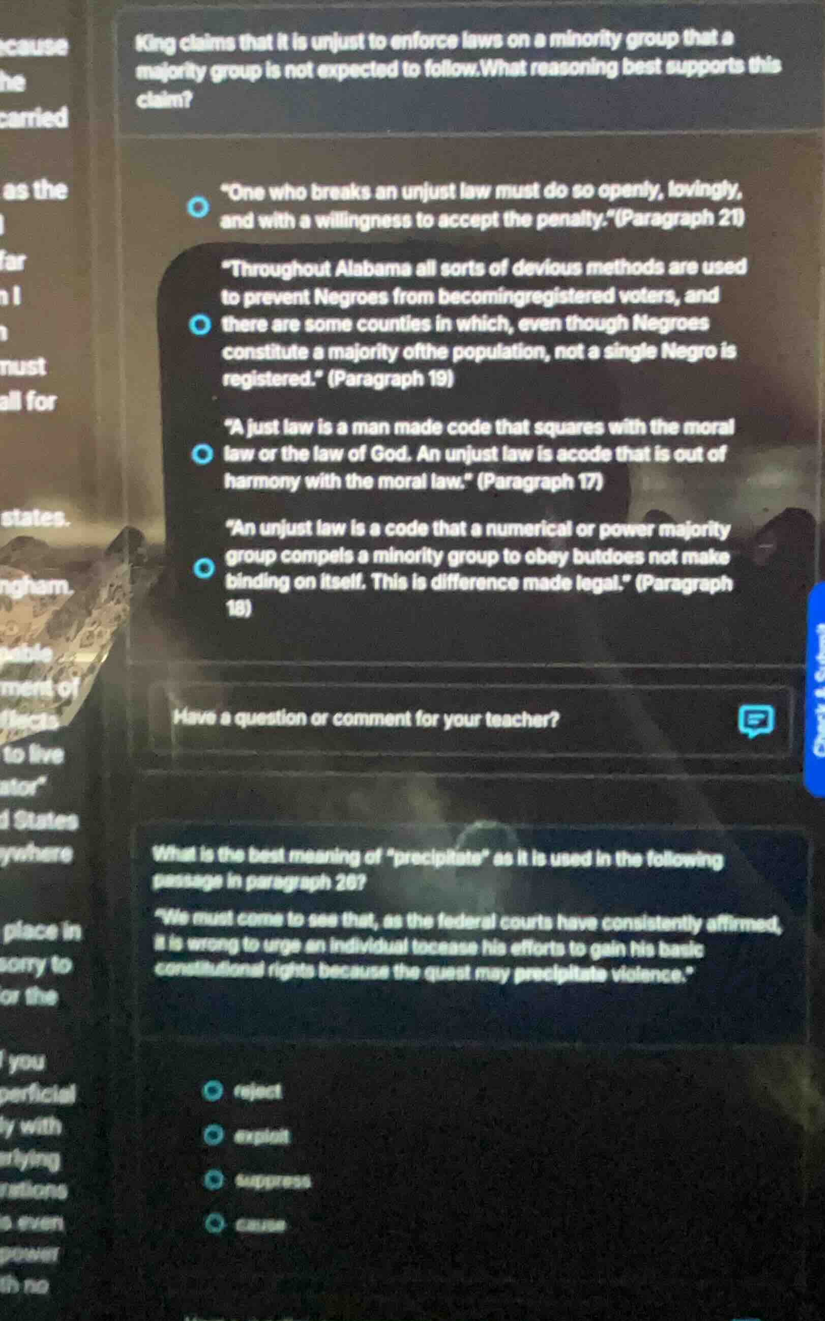 king claims that it is unjust to enforce laws on a minority group that …