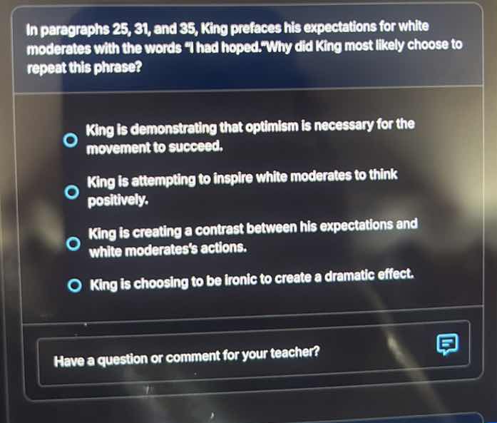 in paragraphs 25, 31, and 35, king prefaces his expectations for white …