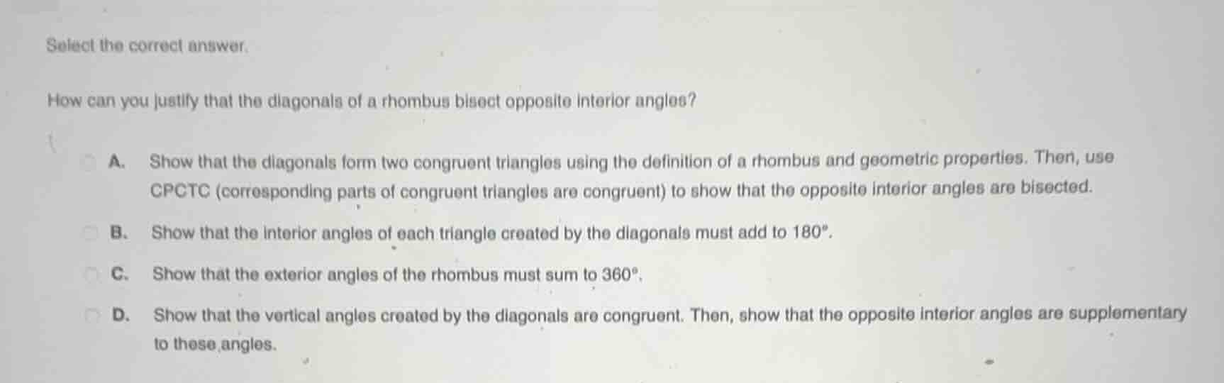 select the correct answer. how can you justify that the diagonals of a …