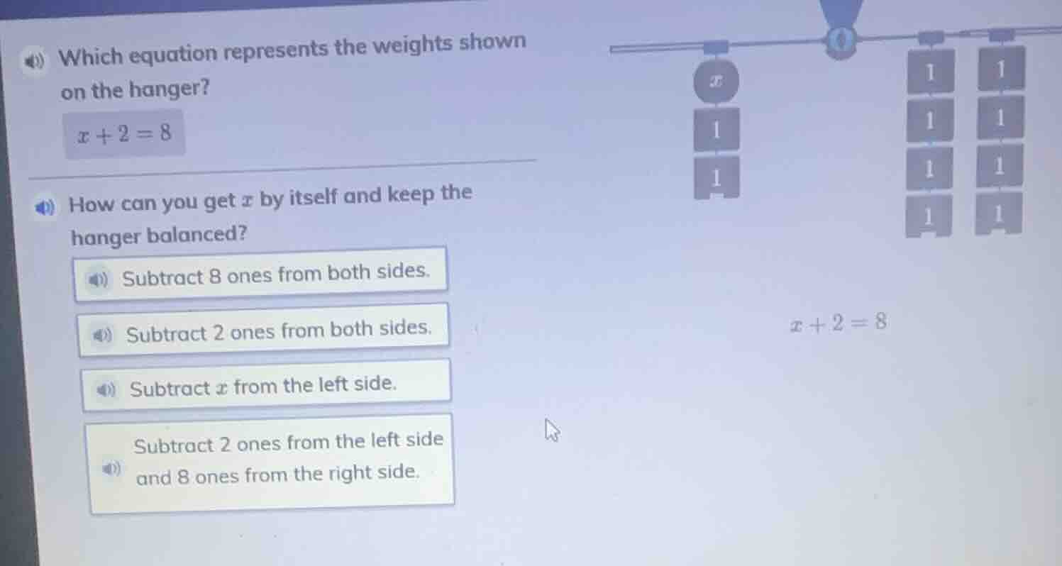 which equation represents the weights shown on the hanger? x + 2 = 8 ho…