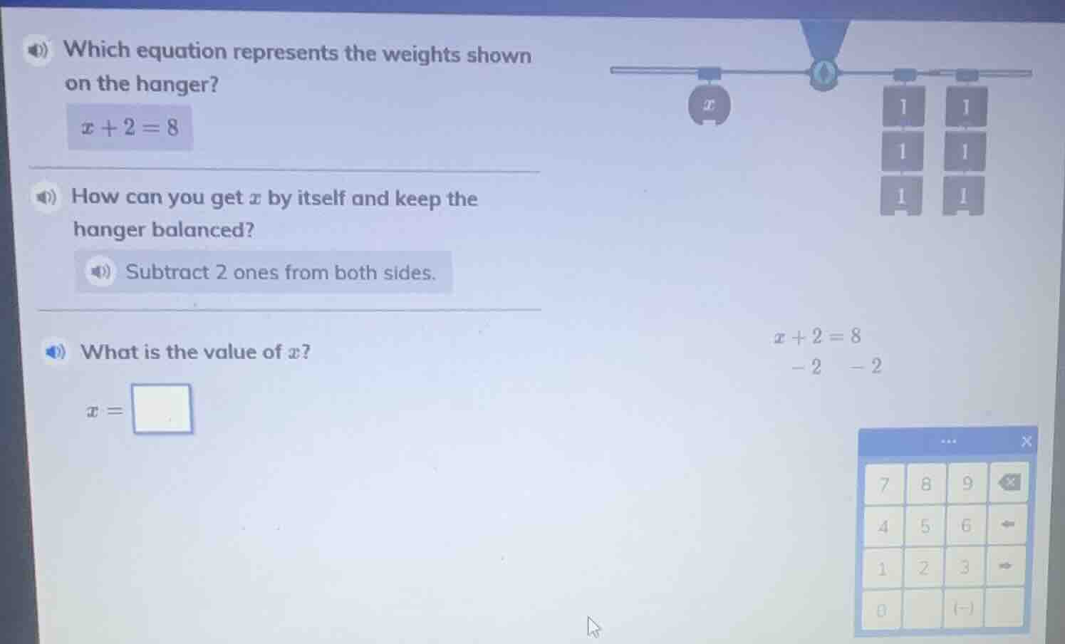 which equation represents the weights shown on the hanger? x + 2 = 8 ho…