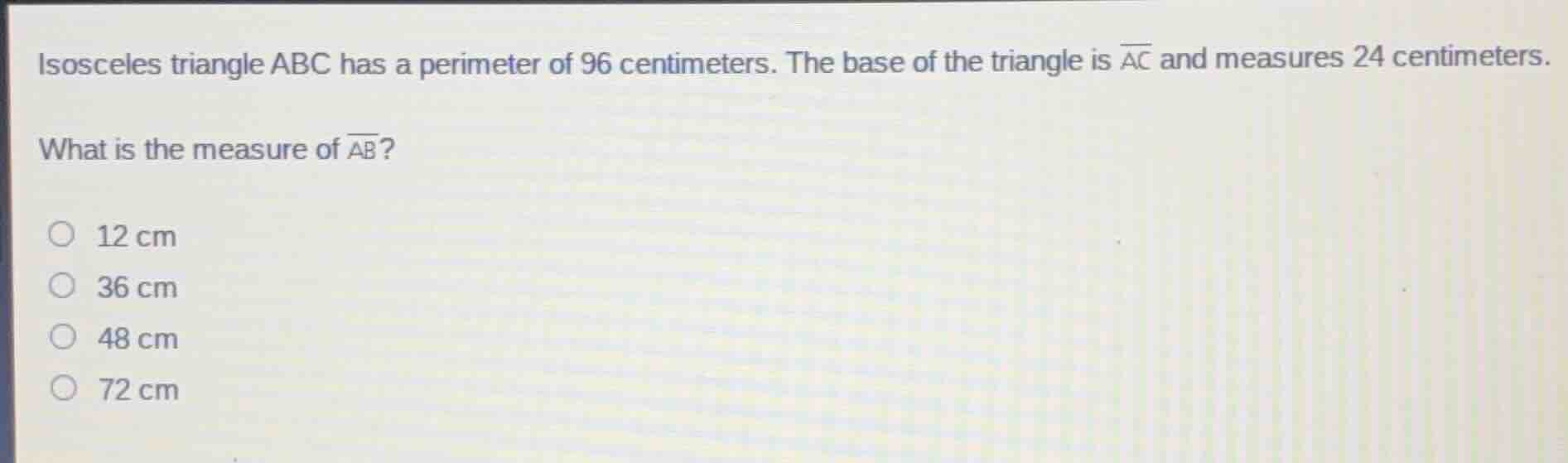 isosceles triangle abc has a perimeter of 96 centimeters. the base of t…