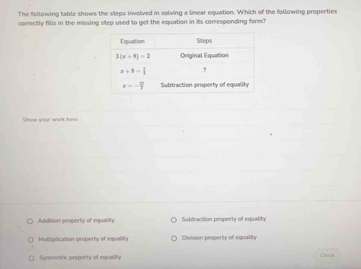 the following table shows the steps involved in solving a linear equati…
