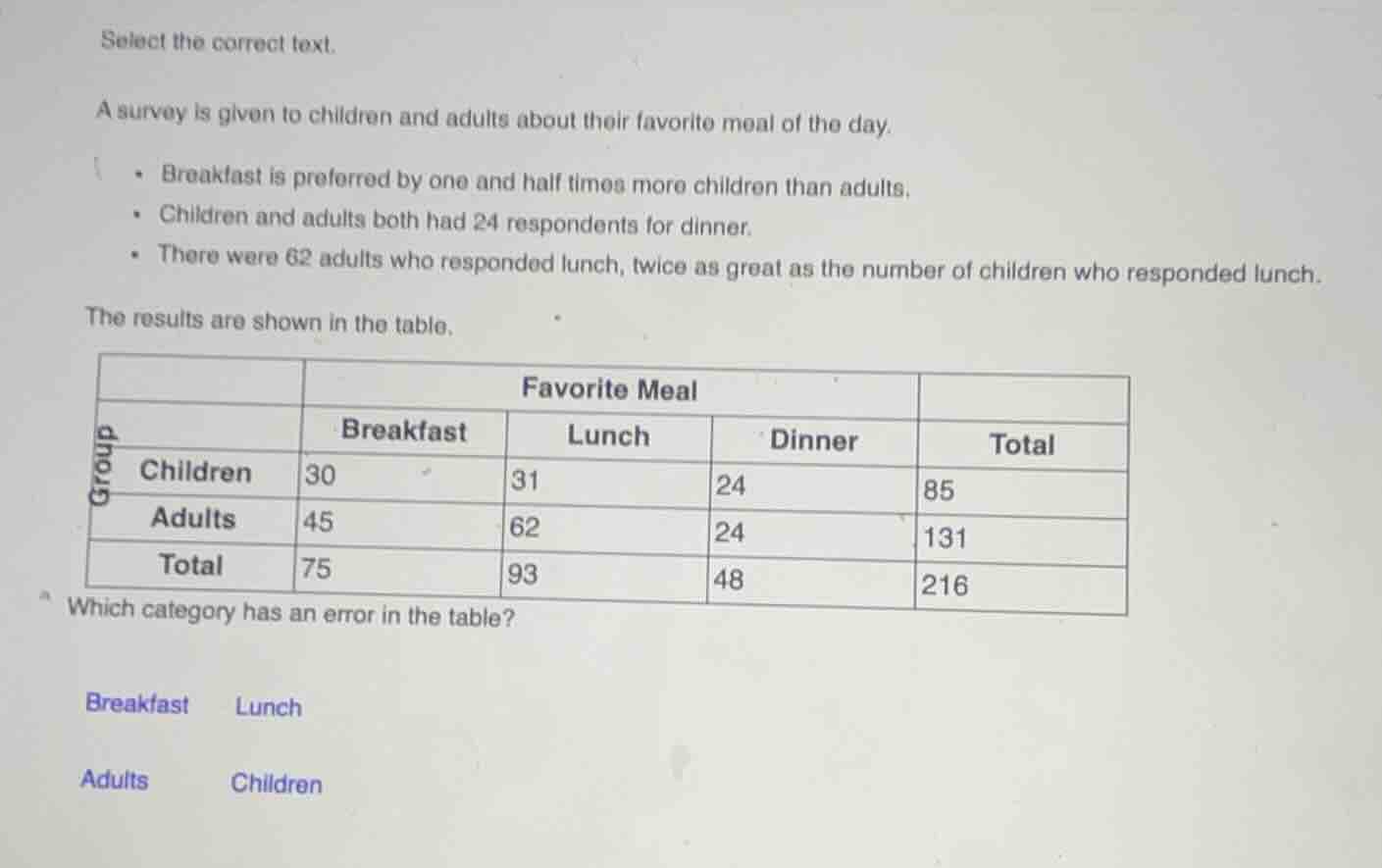 select the correct text. a survey is given to children and adults about…