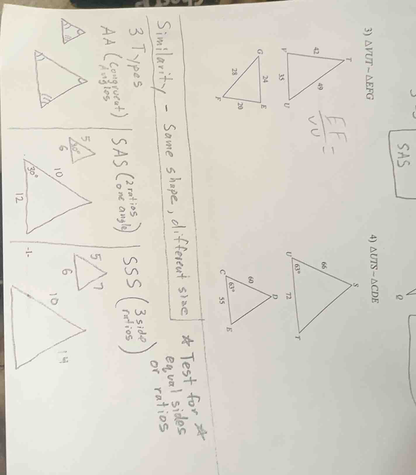 similarity - same shape, different size 3 types aa (congruent angles) s…