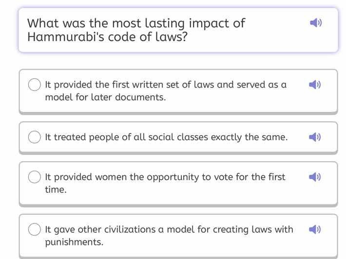what was the most lasting impact of hammurabis code of laws? it provide…