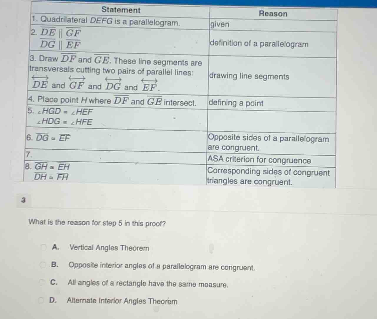 statement reason 1. quadrilateral defg is a parallelogram. given 2. \\(…