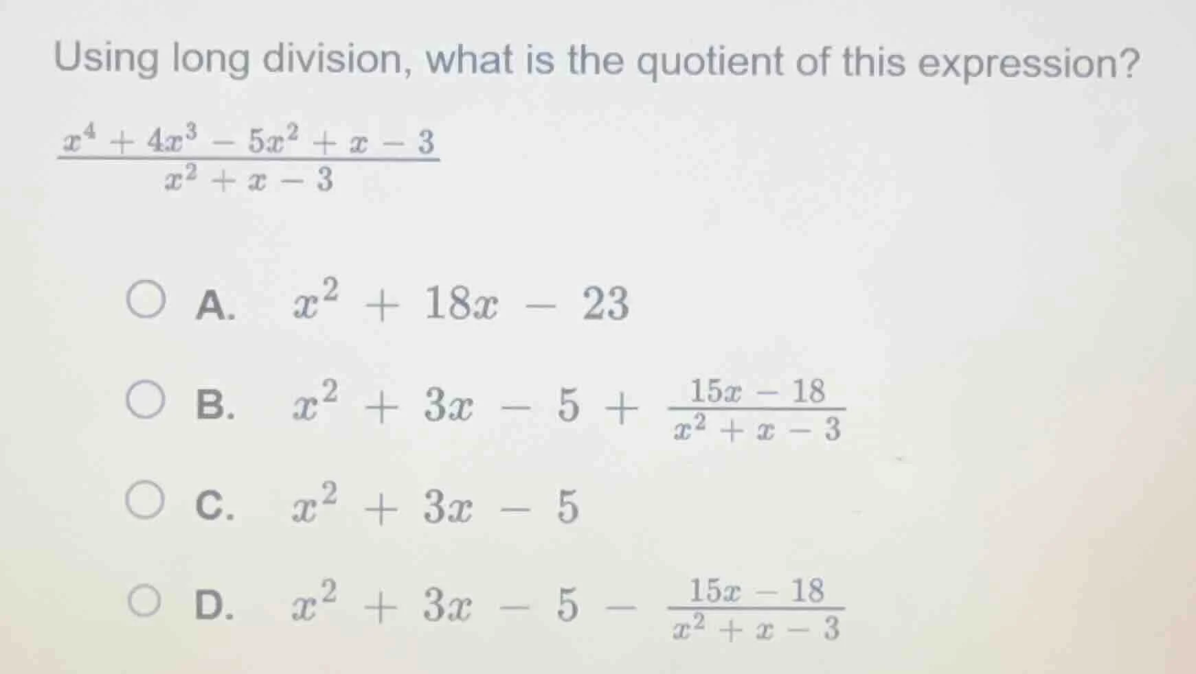 using long division, what is the quotient of this expression?\\(\frac{x…
