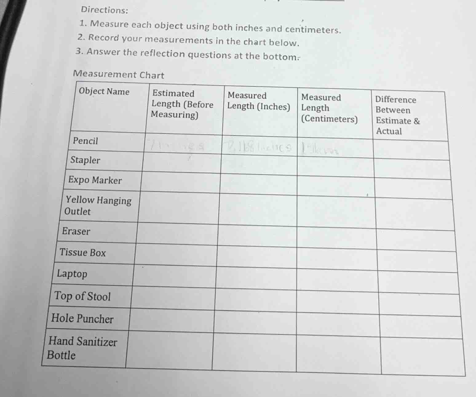 directions: 1. measure each object using both inches and centimeters. 2…