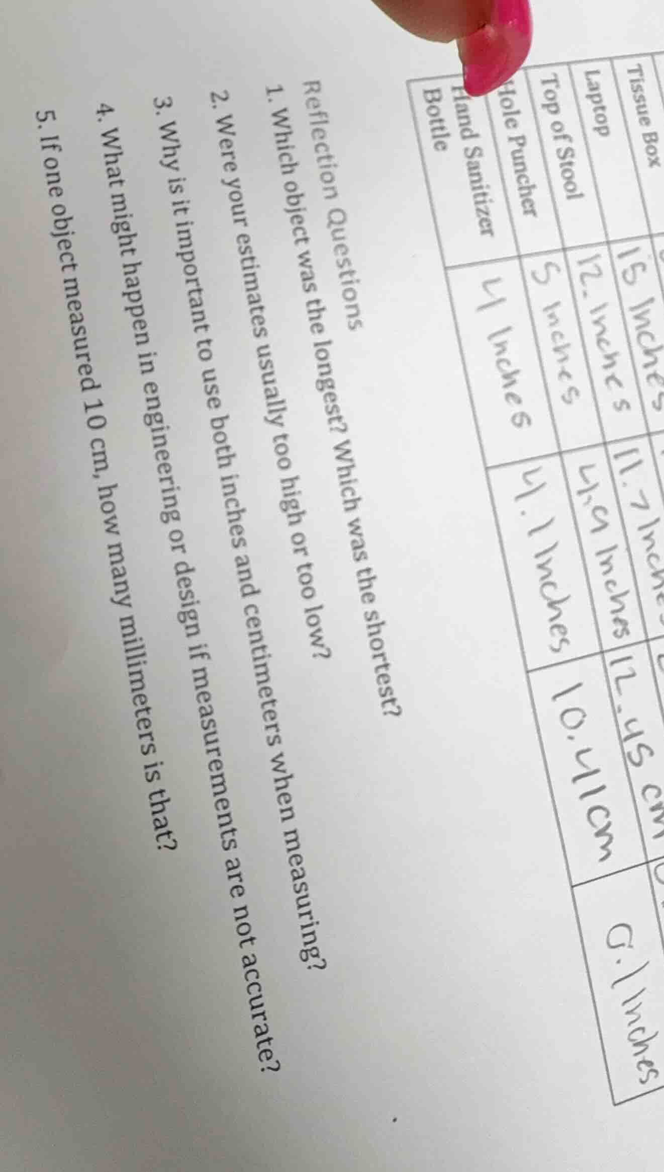 reflection questions 1. which object was the longest? which was the sho…