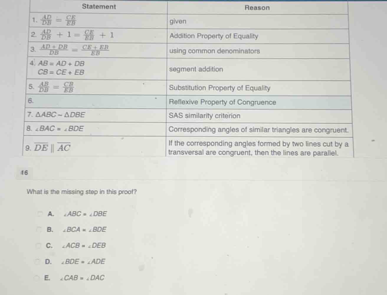 statement reason 1. \\(\\frac{ad}{db} = \\frac{ce}{eb}\\) given 2 \\(\\…