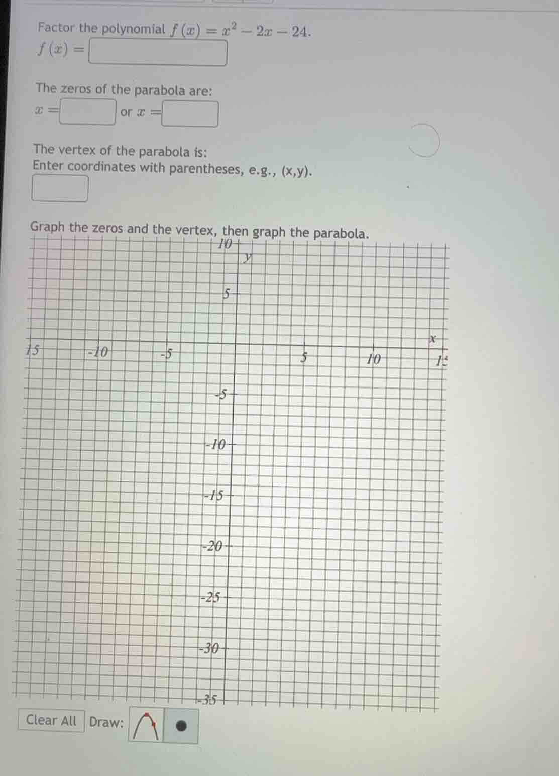 factor the polynomial $f(x)=x^2 - 2x - 24$. $f(x)=\\square$ the zeros o…