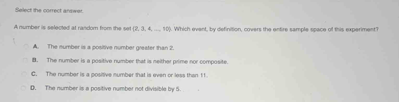 select the correct answer. a number is selected at random from the set …