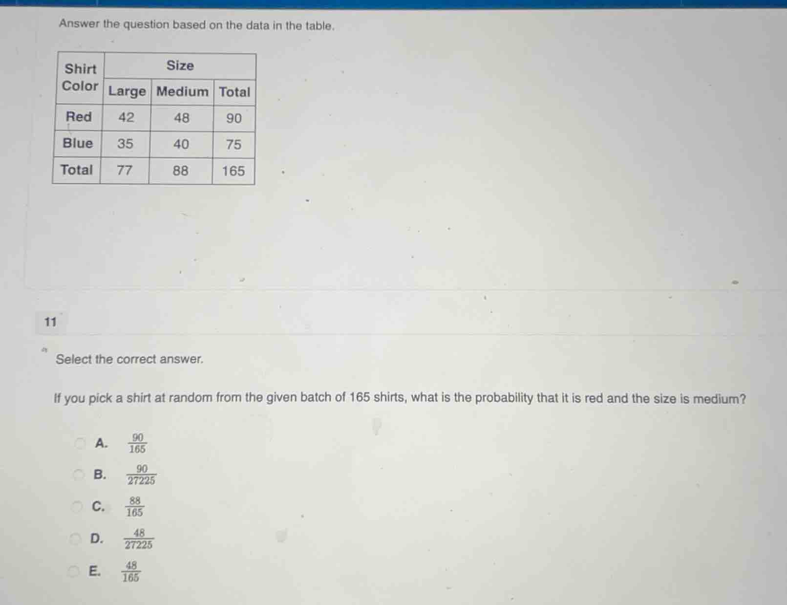 answer the question based on the data in the table. | shirt color | siz…