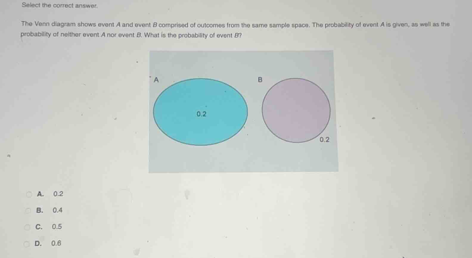 select the correct answer. the venn diagram shows event a and event b c…