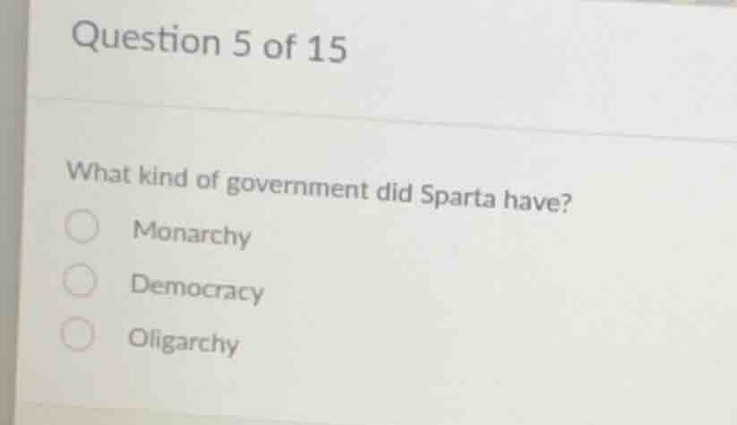 question 5 of 15 what kind of government did sparta have? monarchy demo…