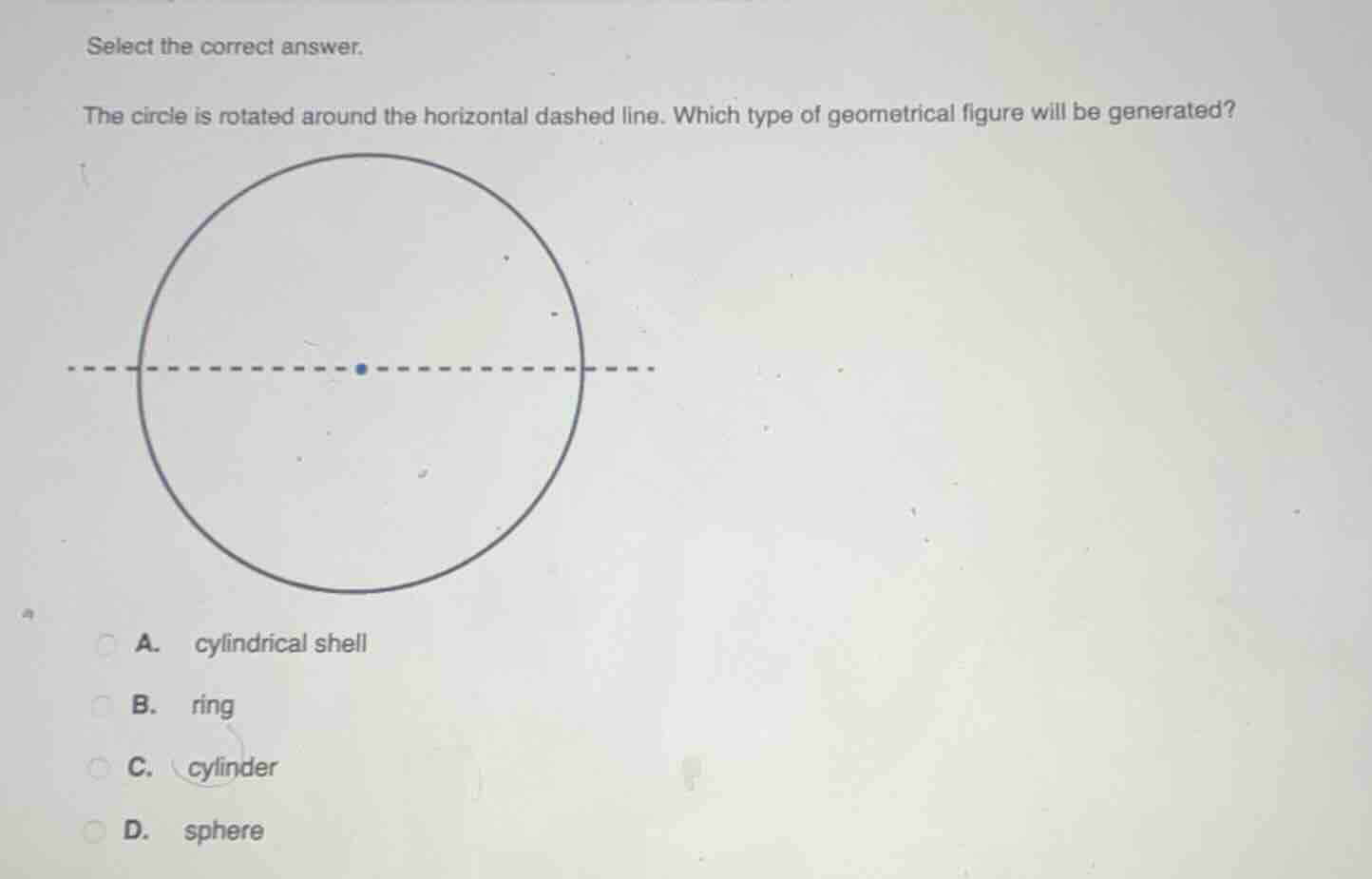 select the correct answer. the circle is rotated around the horizontal …