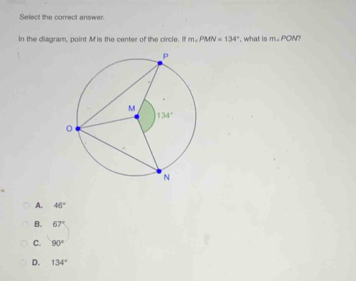 select the correct answer. in the diagram, point m is the center of the…