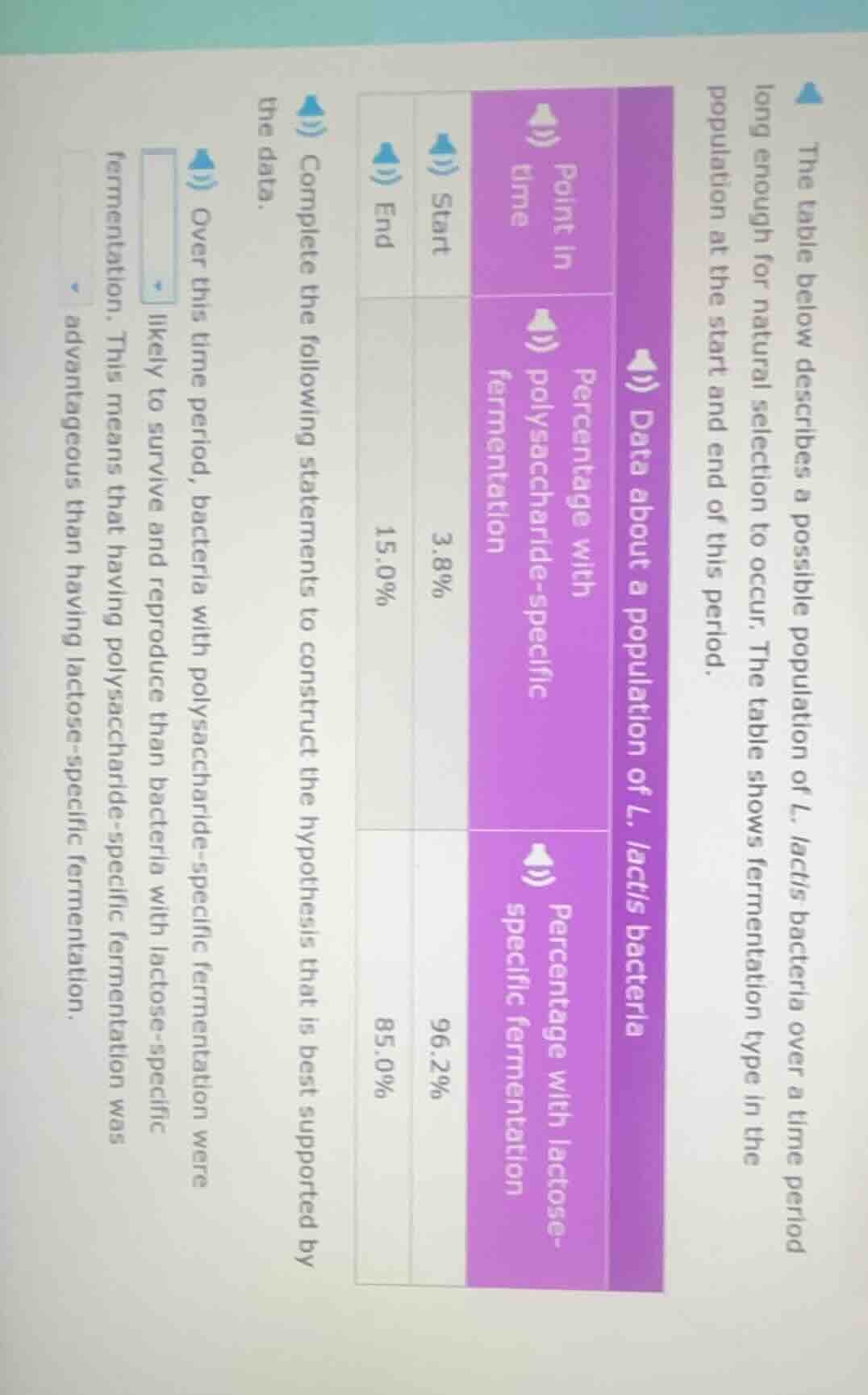 the table below describes a possible population of l. lactis bacteria o…
