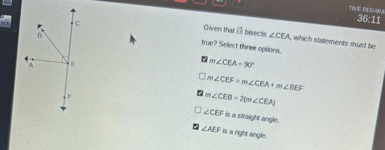 given that eb bisects ∠cea, which statements must be true? select three…