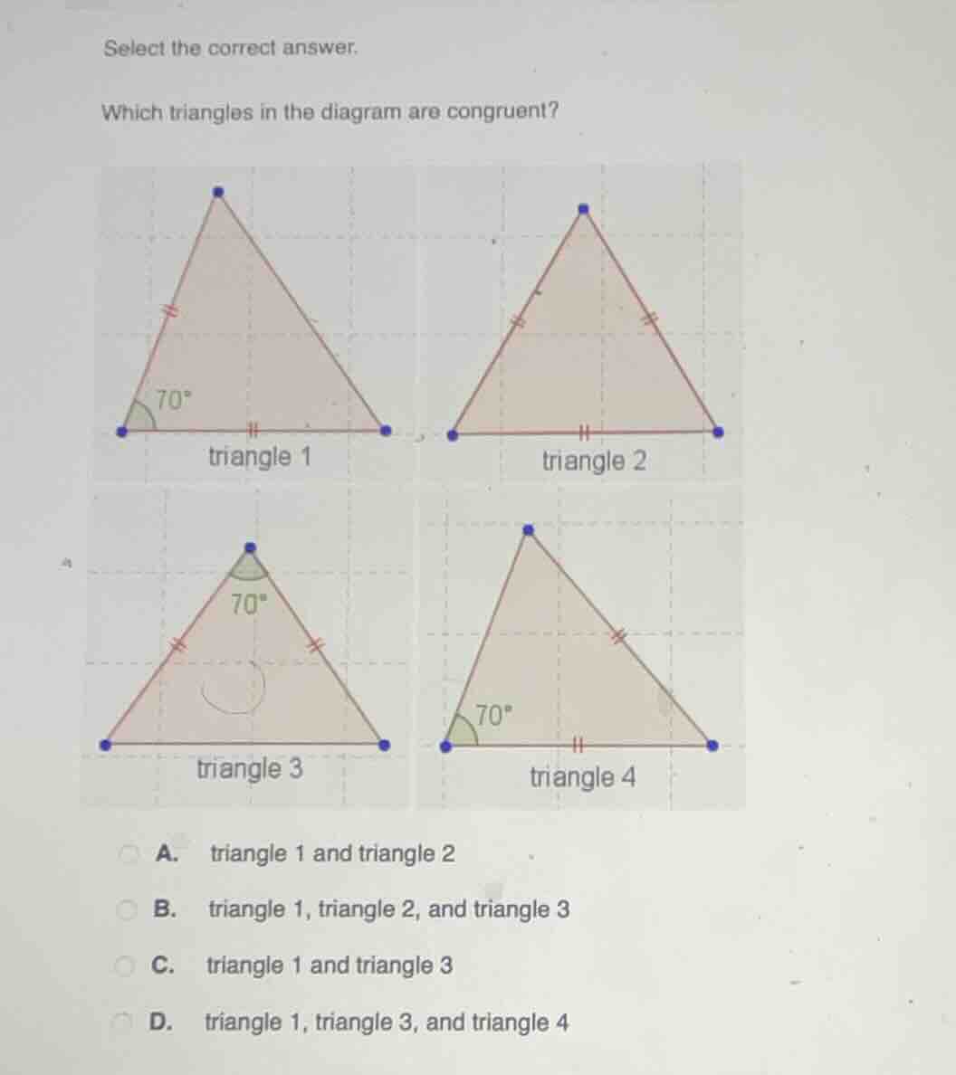 select the correct answer. which triangles in the diagram are congruent…