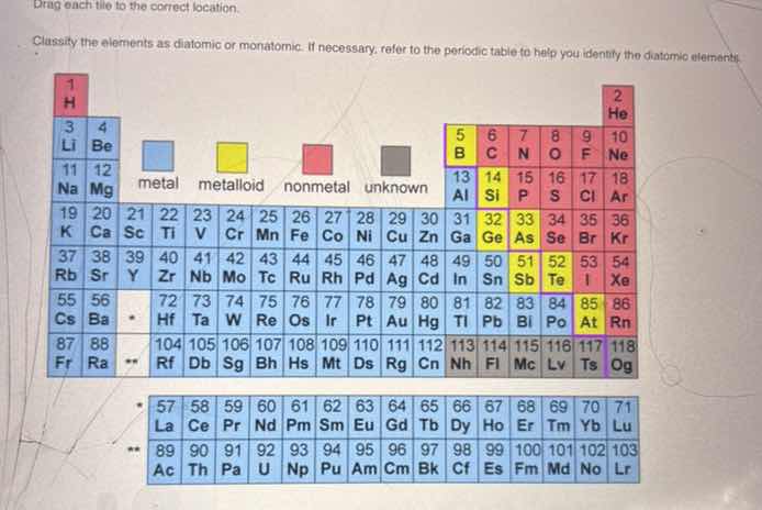 drag each tile to the correct location. classify the elements as diatom…