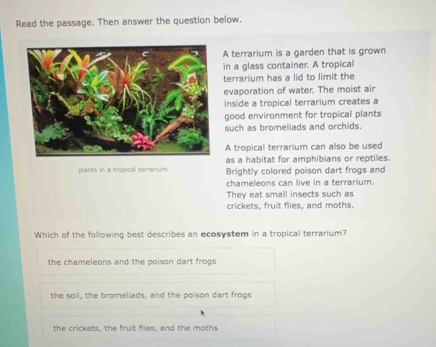 read the passage. then answer the question below. a terrarium is a gard…