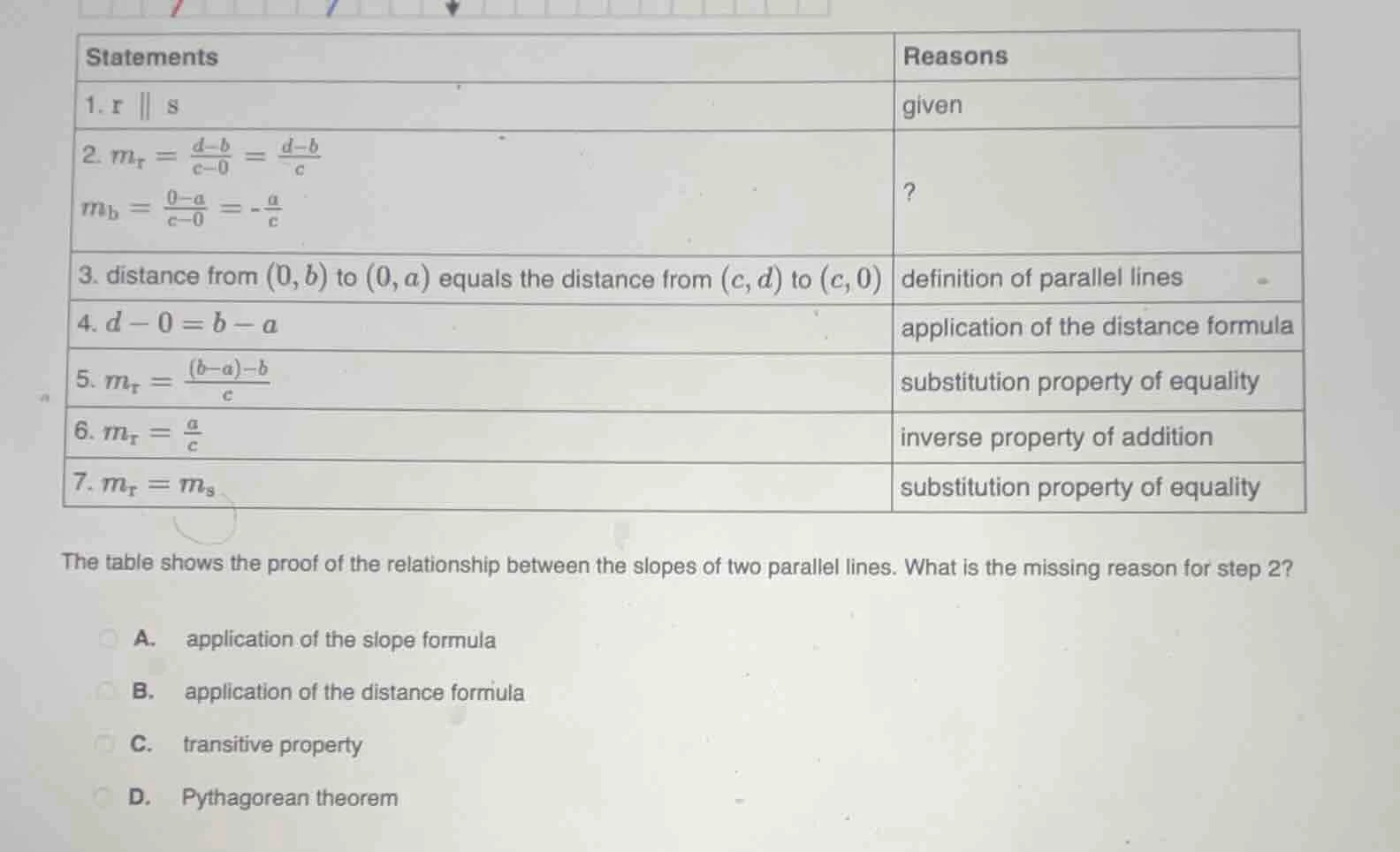 statements reasons 1. r ∥ s given 2. $m_r = \\frac{d - b}{c - 0} = \\fr…