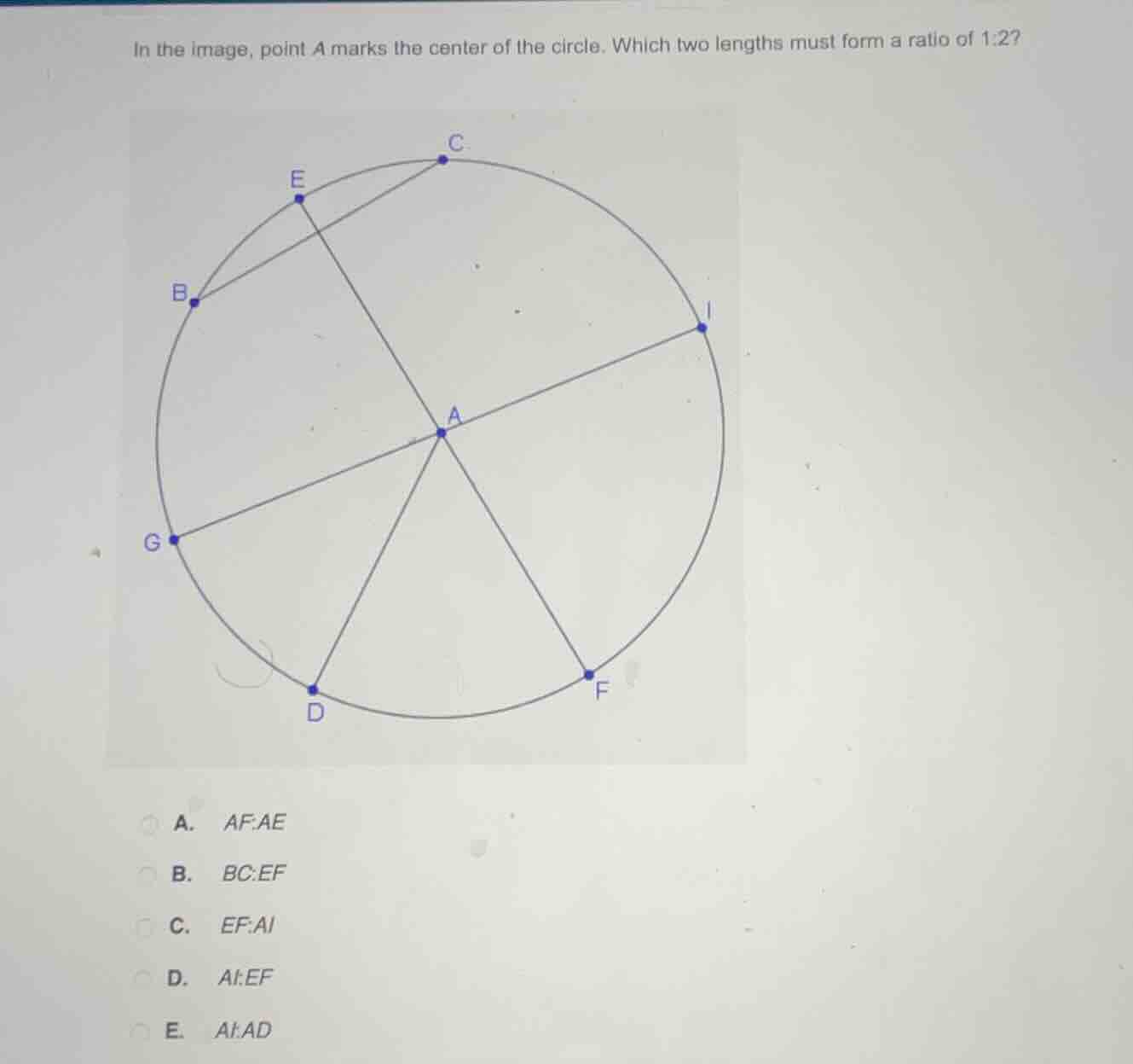 in the image, point a marks the center of the circle. which two lengths…