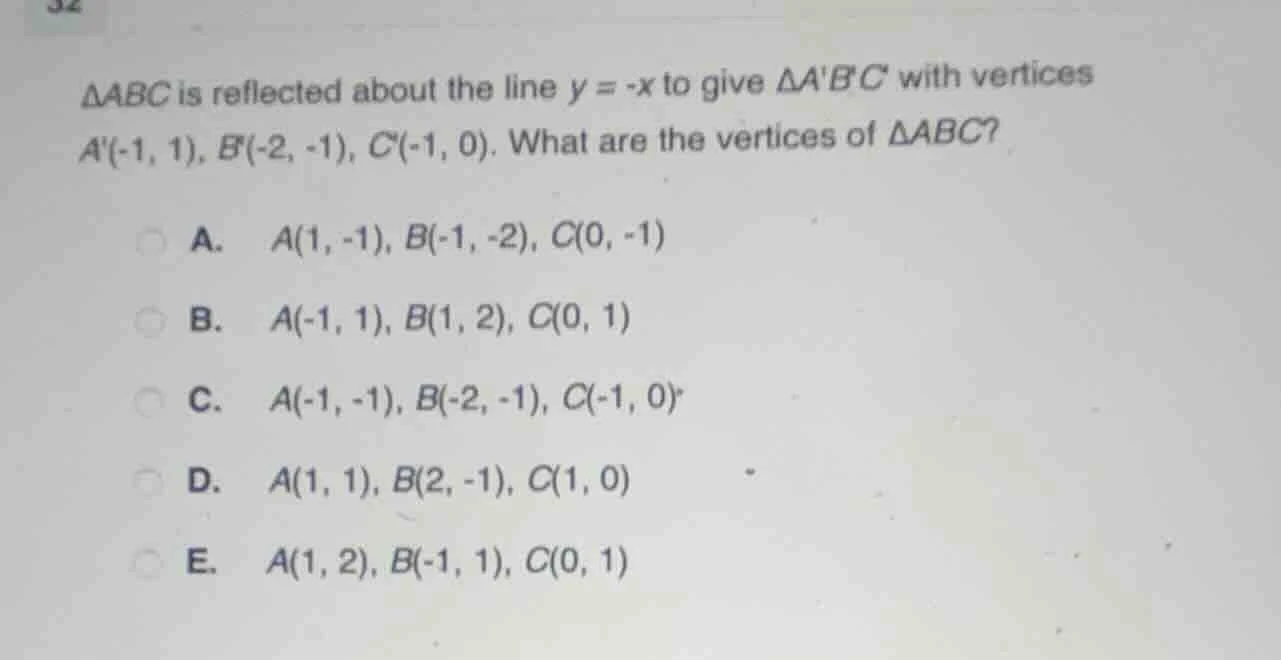 △abc is reflected about the line ( y = -x ) to give ( \triangle abc ) w…