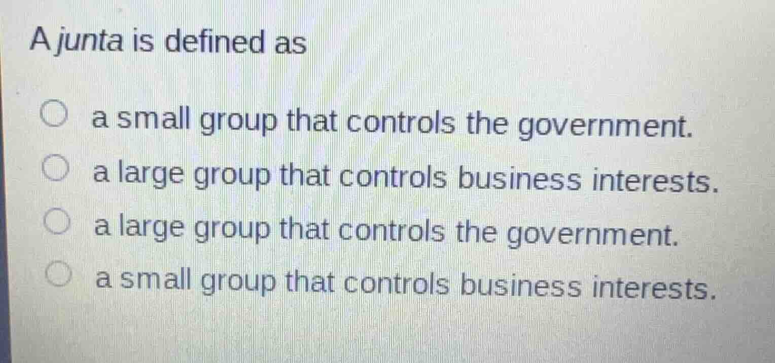 a junta is defined as a small group that controls the government. a lar…