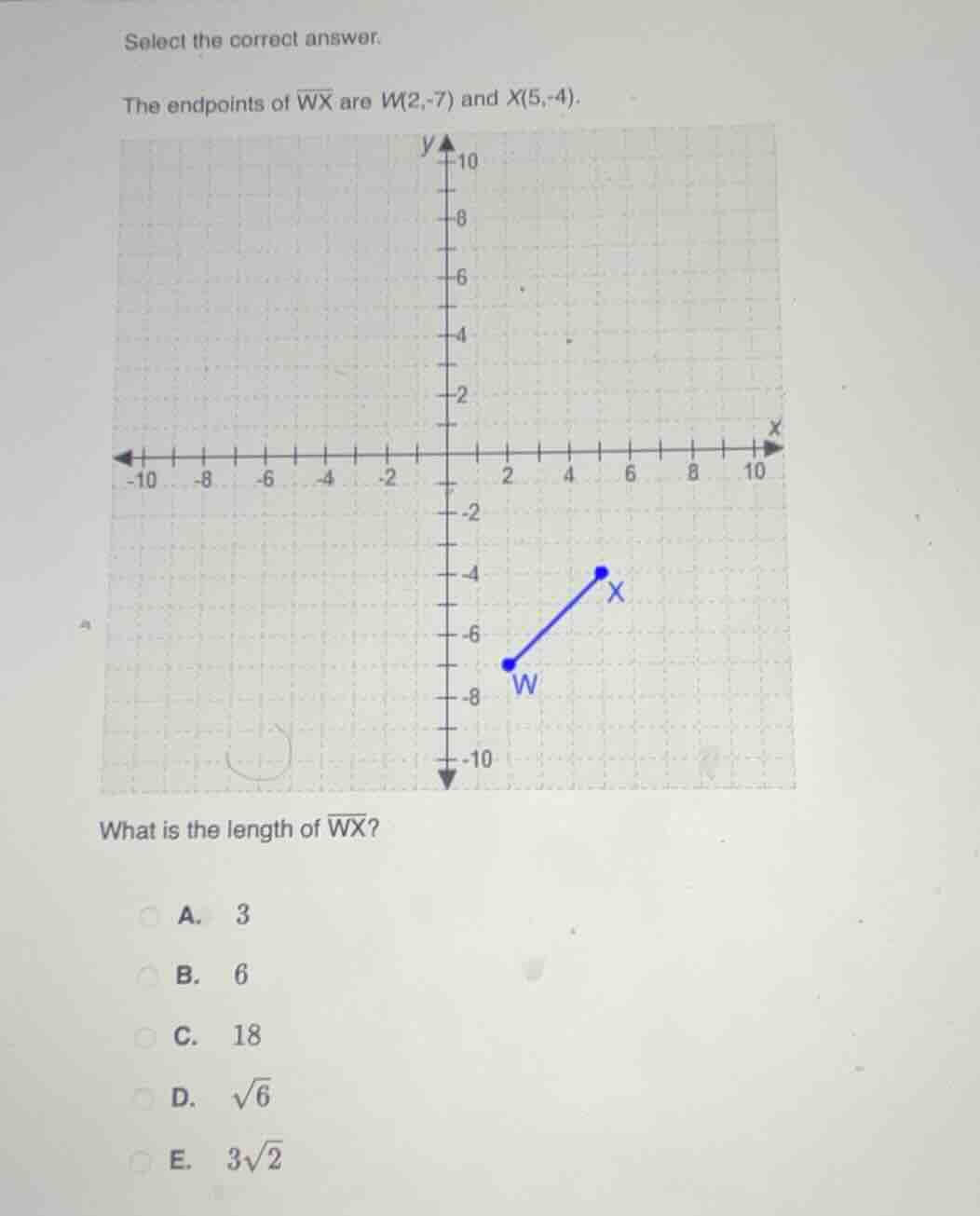 select the correct answer. the endpoints of \\(\\overline{wx}\\) are \\…