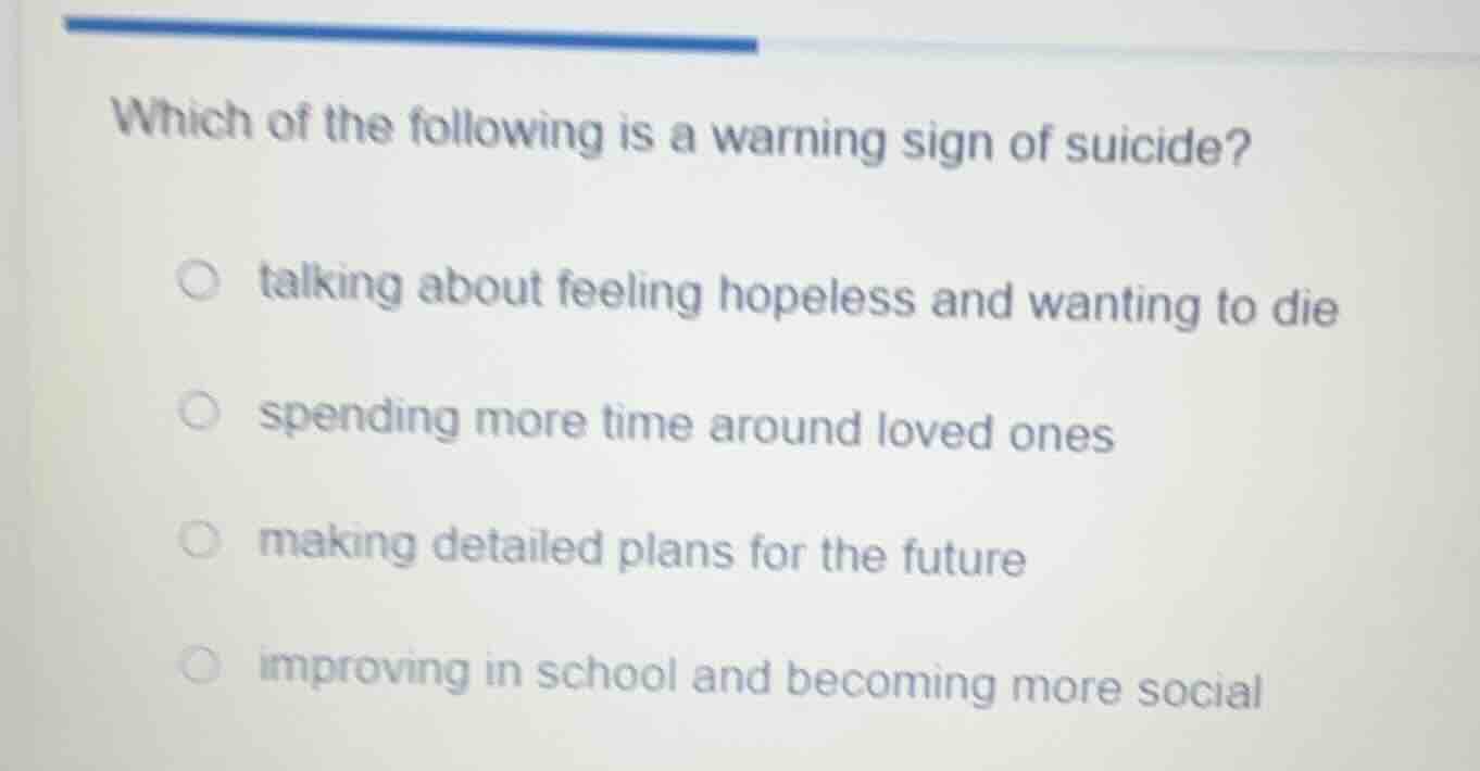 which of the following is a warning sign of suicide? talking about feel…