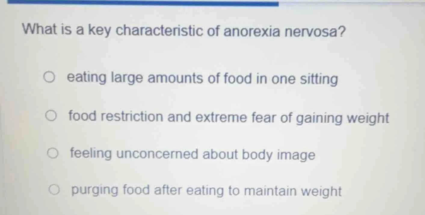 what is a key characteristic of anorexia nervosa? eating large amounts …