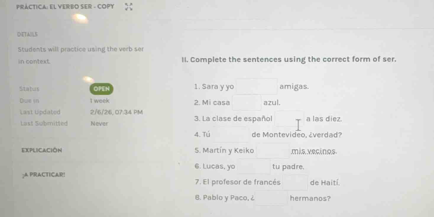 práctica: el verbo ser - copy details students will practice using the …