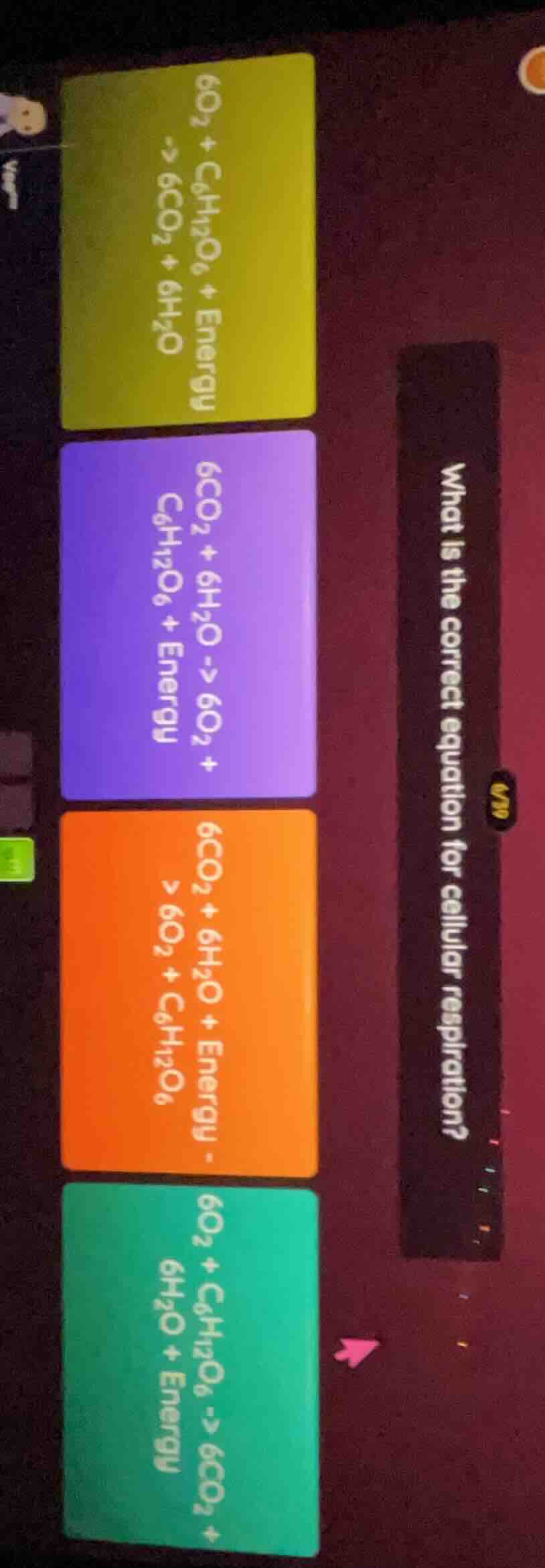 what is the correct equation for cellular respiration? 6o₂ + c₆h₁₂o₆ + …