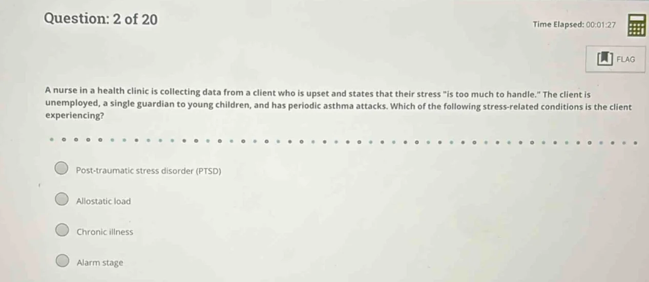 question: 2 of 20 time elapsed: 00:01:27 a nurse in a health clinic is …
