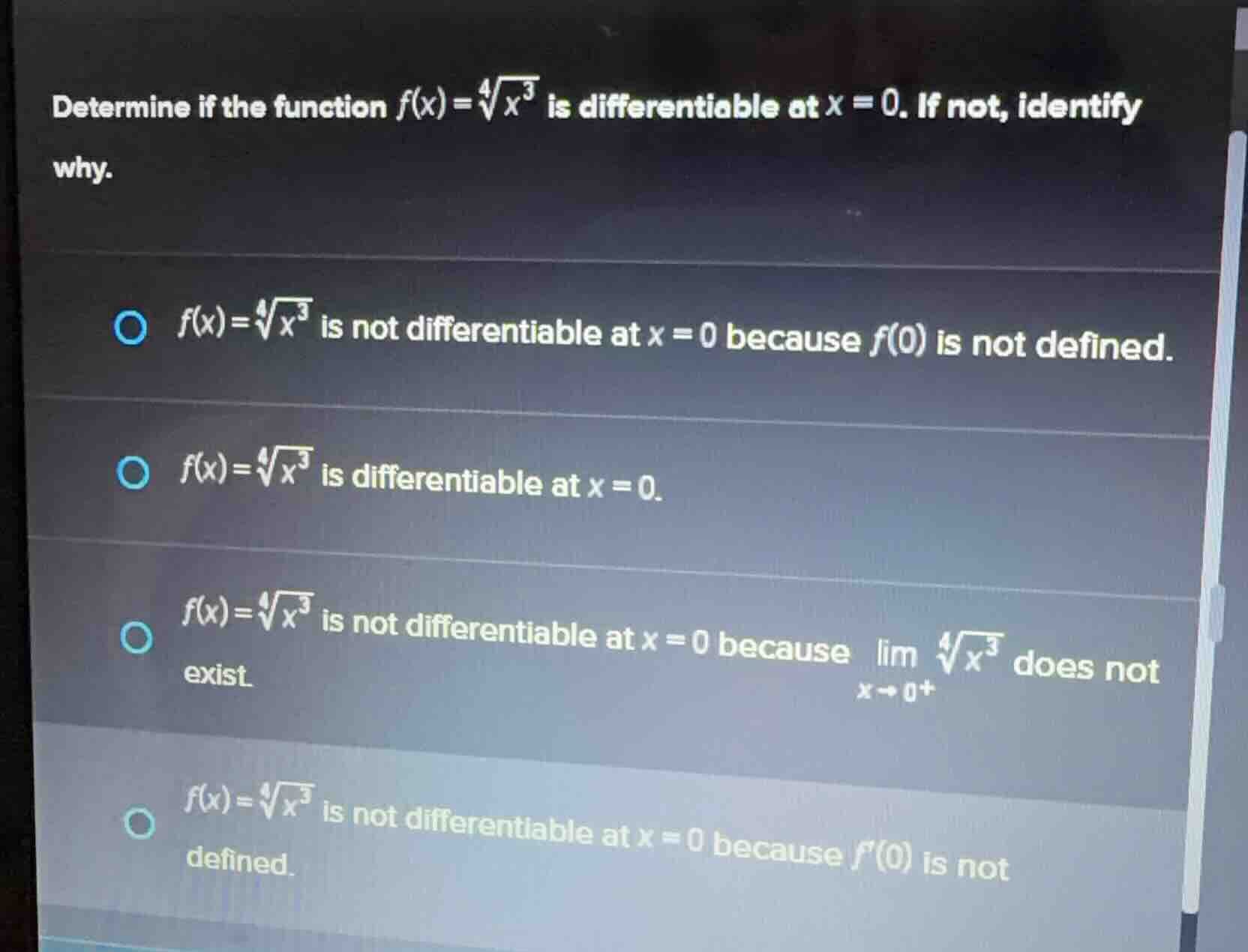 determine if the function $f(x)=\\sqrt4{x^3}$ is differentiable at $x =…