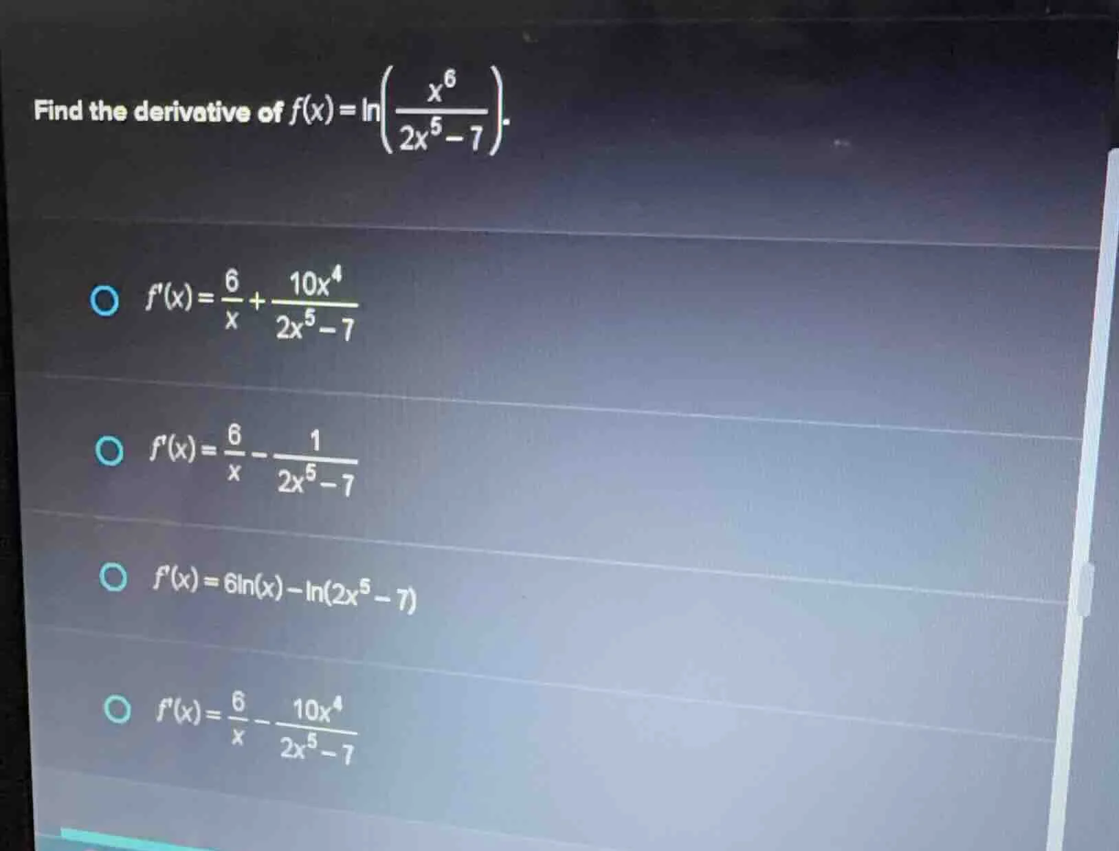 find the derivative of $f(x) = \\ln\\left(\\frac{x^6}{2x^5 - 7}\ ight)$…