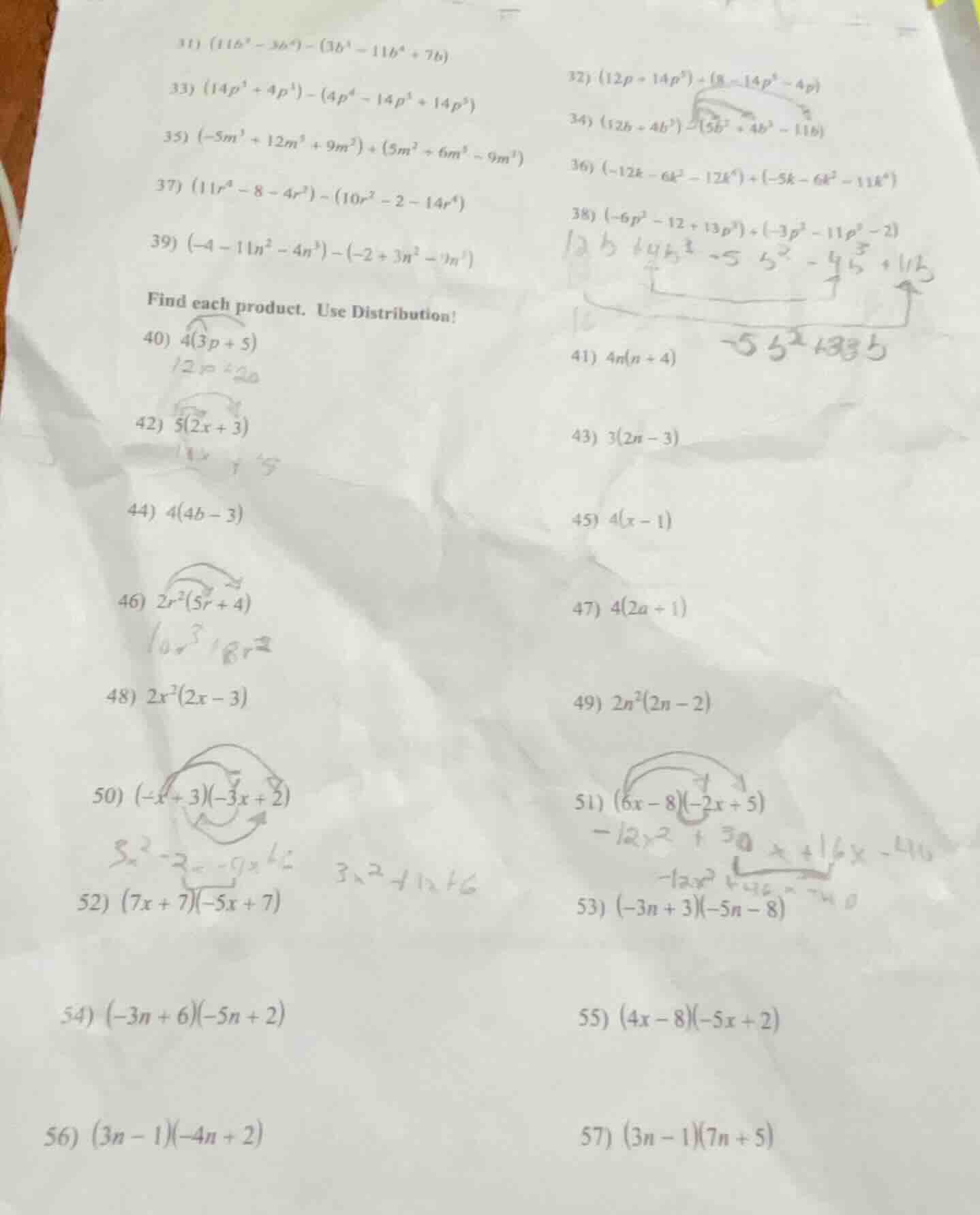 31) $(11b^4 - 3b^4) - (3b^4 - 11b^4 + 7b)$ 32) $(12p + 14p^5) + (8 - 14…