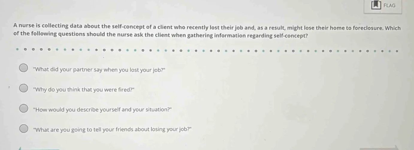 a nurse is collecting data about the self - concept of a client who rec…