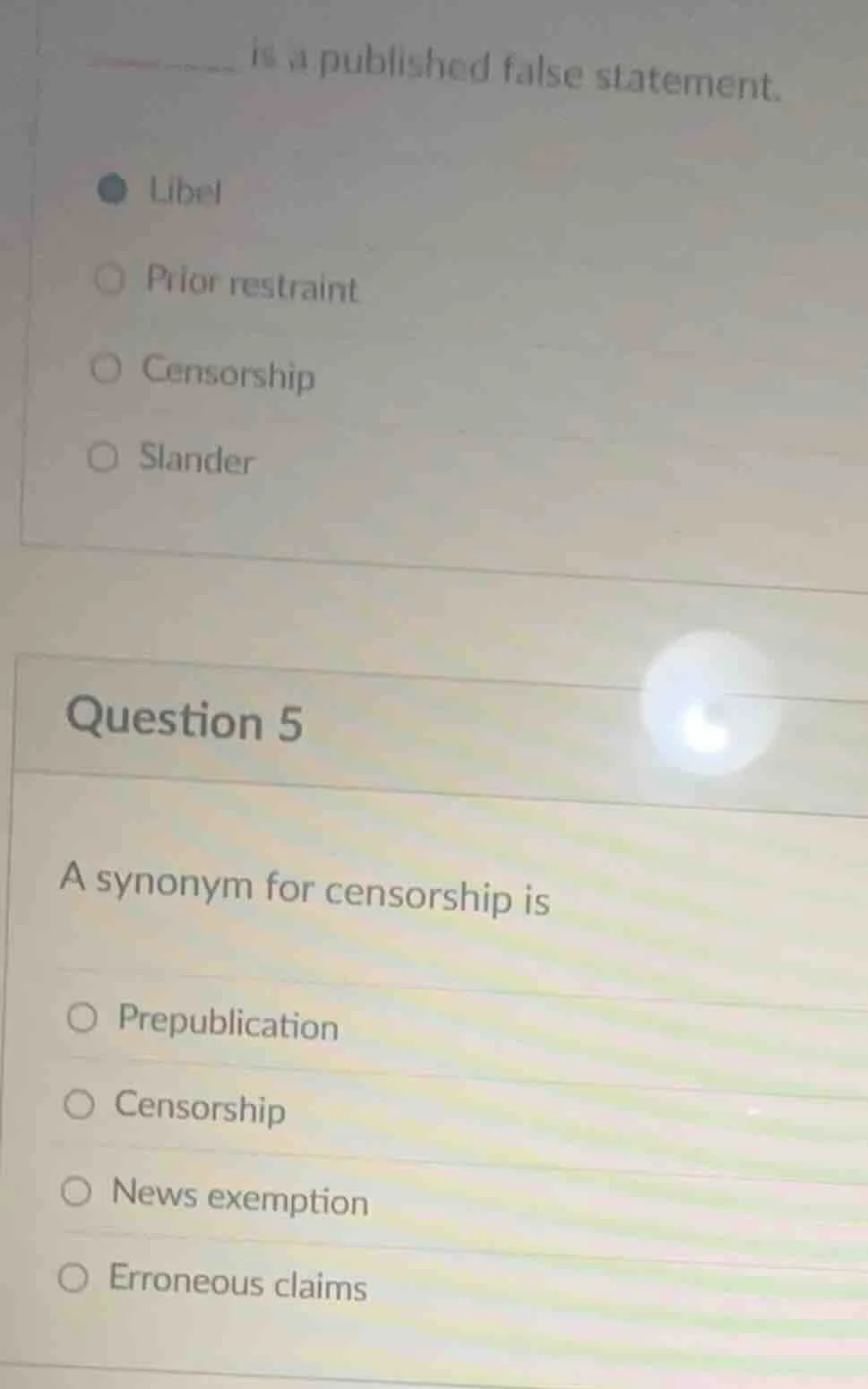 ____ ____ is a published false statement. libel prior restraint censors…