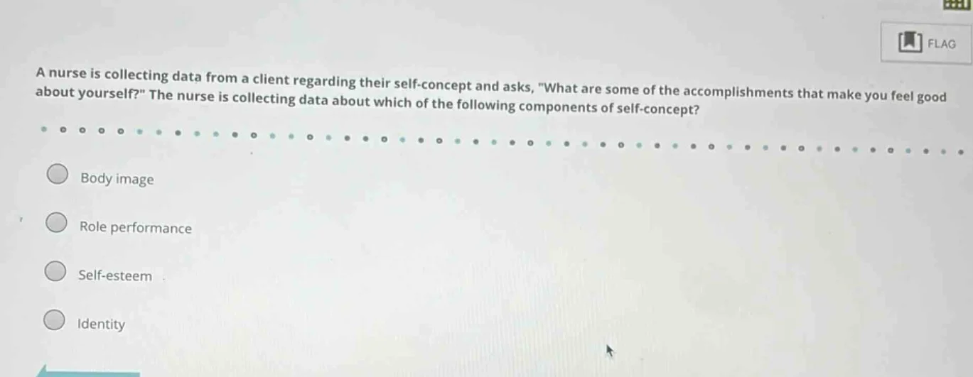 a nurse is collecting data from a client regarding their self - concept…
